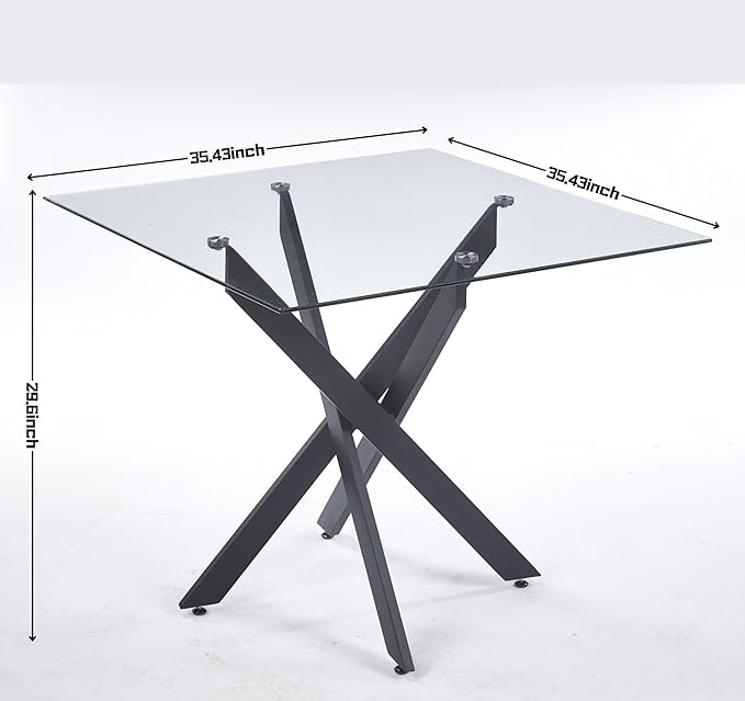 36" Square Dining Table for 4, Modern Clear Glass Kitchen Table for 4 with Black X Metal Legs, Contemporary Small Glass Dining Room Leisure Tables for Kitchen Apartment