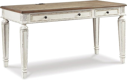 Signature Design by Ashley Realyn Farmhouse 60" Home Office Desk with USB Charging, Chipped White