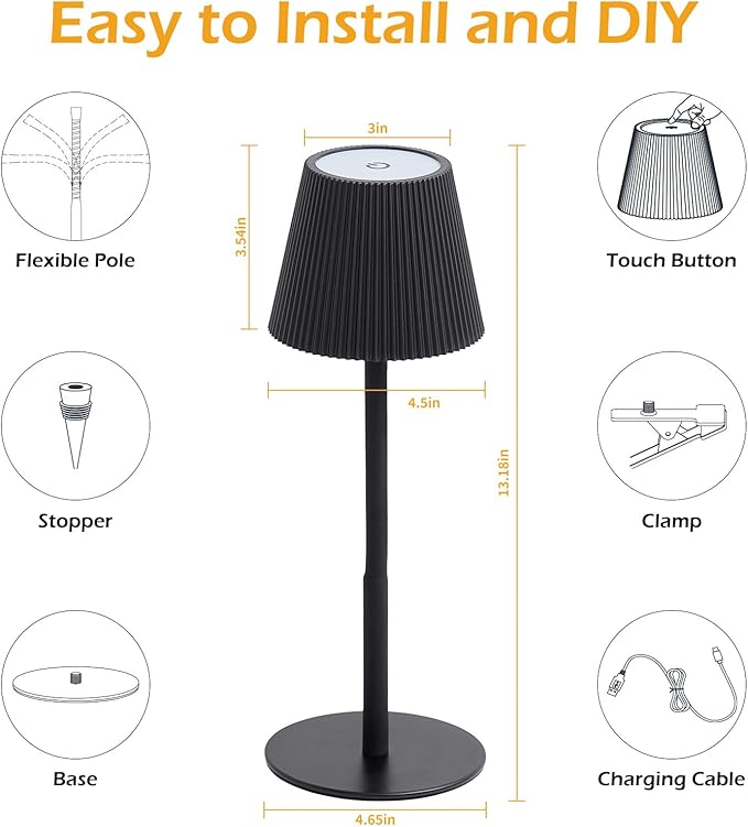 Cordless Table Lamp DIY, 2500mAh Rechargeable & Flexible Desk Lamp, Stepless Dimming Modern Bedside Lamps with 3-Color LED Touch Control, Minimalist Nightstand Lamps for Decor & Gifts (Black)