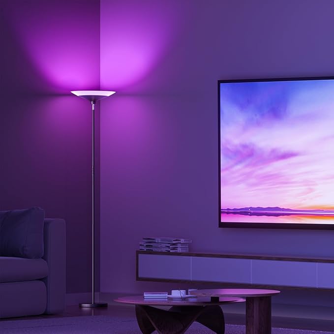 RGB Torchiere Floor Lamp - 30W Dimmable LED Standing Lamp with Remote, Multi Color Changing, 72in Tall Corner Light, Bright Standing Pole Light for Office Living Room Bedroom Basement, Black