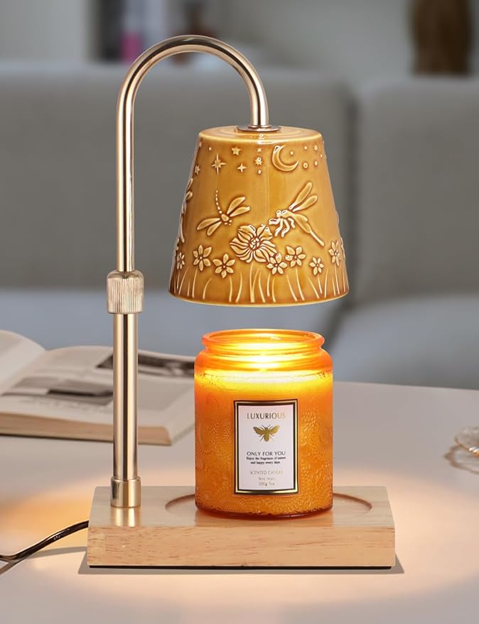 Ceramic Candle Warmer Lamp Dimmable Electric Lamp Candle Warmer for Jar Scented Candles Adjustable Height Mothers Day Birthday Gifts for Women Mom Grandma Offices Home Decor Light(Yellow Dragonfly)