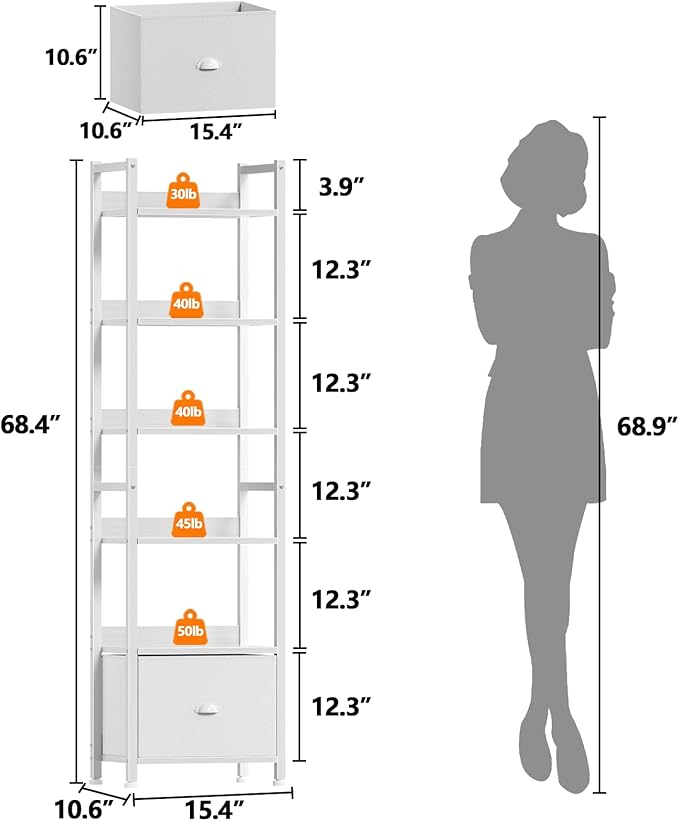 Furologee 6 Tier Bookshelf, Tall Shelf with Drawer, Wood and Metal Bookshelves Storage Organizer, Modern Display Shelving Unit for Bedroom, Living Room, Home Office, White