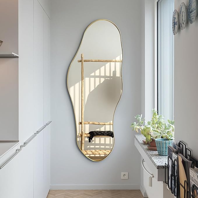 Irregular Mirror, 47"x20.5" Asymmetrical Wall Mirror with Gold Metal Frame, Large Abstract Mirrors Decorative, Modern Unique Shaped Mirrors for Living Room Bathroom Bedroom Hallway Entryway
