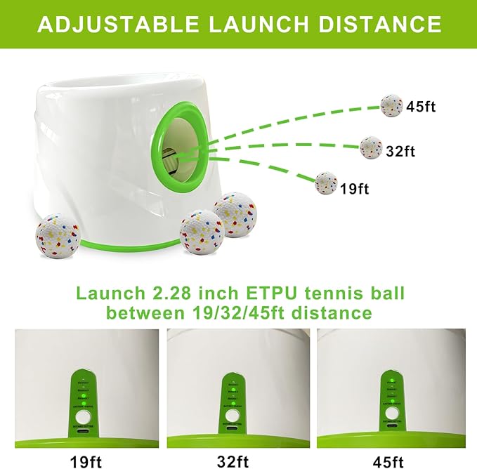 Automatic Dog Ball Launcher with 6 ETPU Tennis Balls, Dog Ball Thrower for Small & Medium Dogs, 3 Adjustable Distance 19-45FT, Interactive Toy Throwing Machine for Indoor/Outdoor