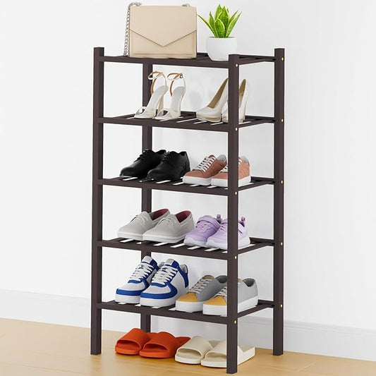 Smiry Shoe Rack, 5 Tier Thick Small Bamboo Shoe Organizer, Stackable Free Standing Wooden Shoe Storage Shelf for Closet, Entryway, Front Door Entrance, Brown