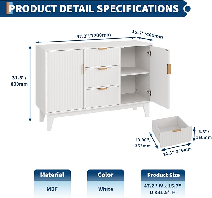GarveeHome Fluted Buffet Storage Cabinet, 47.2 in Large Coffee Bar Kitchen Sideboard Cupboard with 3 Drawers 2 Doors for Living Room Entryway, White