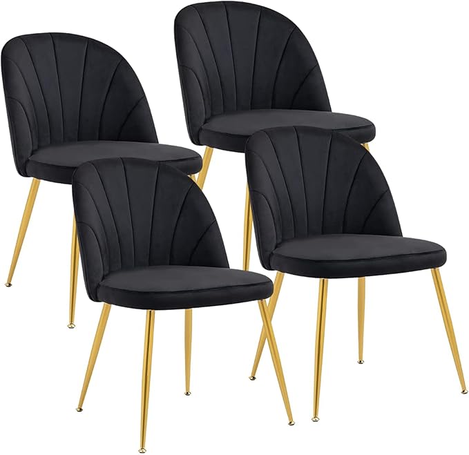 Velvet Dining Chairs Set of 4, Upholstered Mid Century Modern Dining Room Chairs, Armless Accent Chairs with Metal Gold Legs for Living Room, Kitchen, Black