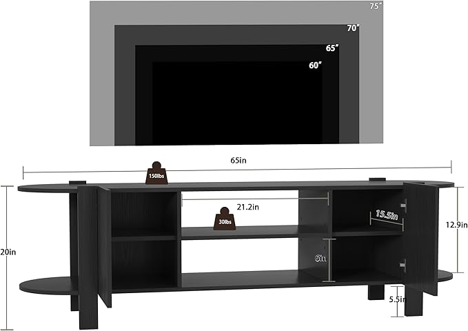 65 Inch TV Stand for Up to 75 inch TVs, Fluted Entertainment Center with Adjustable Shelve, Curved Round Corner TV Console Table with Storage Cabinet for Living Room, Bed Room (Black)