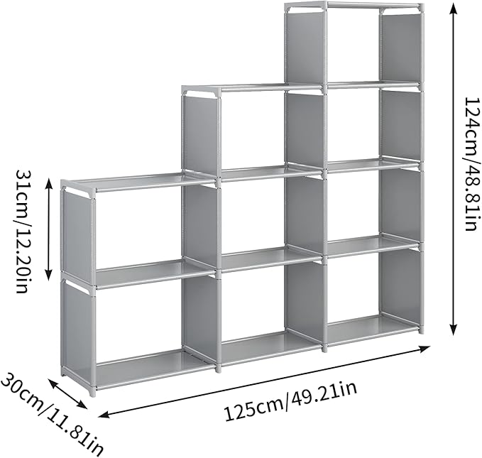 JIUYOTREE Portable Bookshelf, 9 Cube Closet Storage Organizer Bookcase,Clothes Storage for Living Room,Study Room,Bedroom, Grey