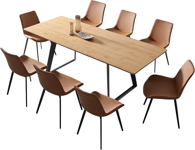 ZckyCine Expandable 8-Person Dining Table Set (63" - 79") with Modern Oak Table & 8 Brown Chairs – Ideal for Kitchens and Dining Rooms