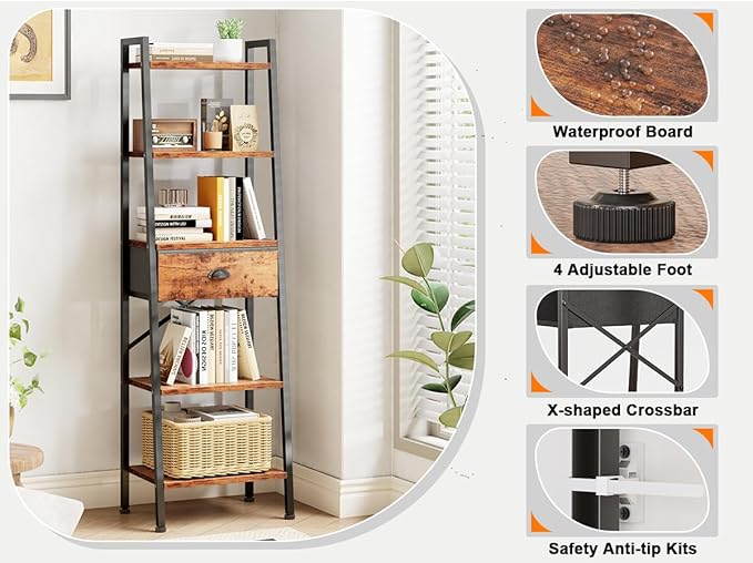 Furologee 5 Tier Ladder Shelf, Tall and Narrow Bookshelf with Drawer,Standing Bookcase Units, Industrial Open Display Shelves Organizer for Bathroom,Kitchen,Bedroom,Living Room,Rustic Brown