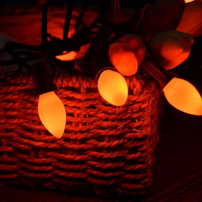 SUNSGNE C7 Halloween Orange String Lights 25FT Outdoor String Lights with 27 5W Orange Glass Bulbs(2 Spare) for Patio Garden Roofline Backyard Decorations, Black Wire
