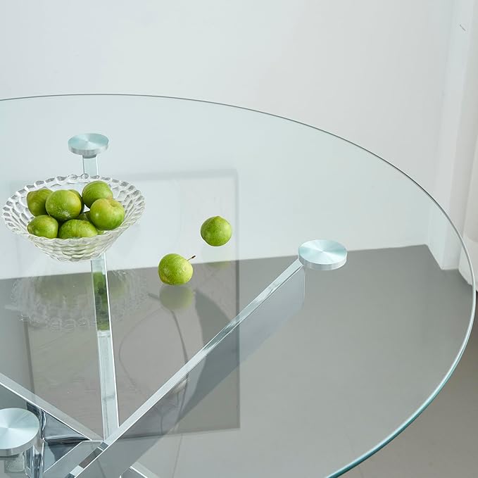 36" Round Glass Dining Room Table for 4 with Tempered Glass Top and Silver Chrome Metal Legs, Modern Clear Kitchen and Dinner Table for Home Office Dining Room