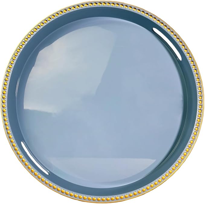 Blue Decorative Tray for Coffee Table, Round Beaded Plastic Serving Tray forKitchen Counter, Ottoman, Living Room,(13")