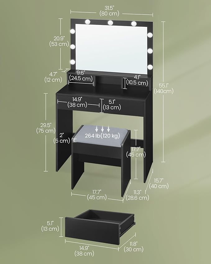 VASAGLE Vanity Desk with Mirror and Lights, Makeup Vanity with Upholstered Vanity Stool, 9 Dimmable LED Lights, 3 Compartments, 2 Drawers, for Bedroom, Ink Black URDT129B01