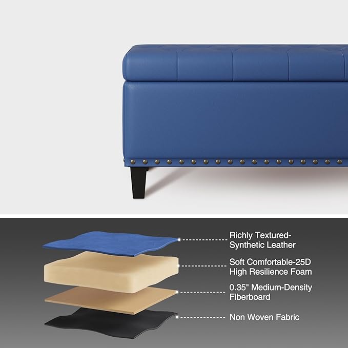 Storage Ottoman Bench,51-Inch Large Storage Bench for Bedroom End of Bed, 30 Gallons Faux Leather Ottoman with Storage for Bedroom, Living Room, Entryway, Hallway, Blue