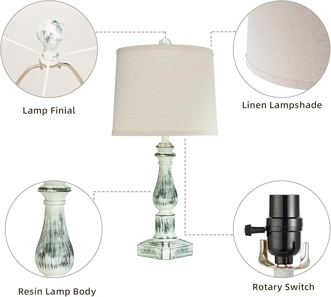RORIANO 23'' Set of 2 Rustic Table Lamps for Bedroom Living Room, Traditional Farmhouse Resin Desk Lamps, Washed Green Retro Nightstand Lamps for Home Office Entryway, 2 Bulbs Included