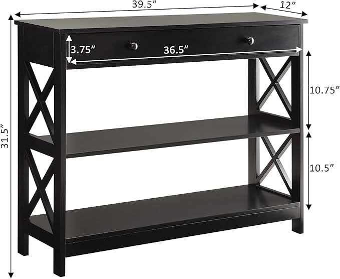 Convenience Concepts Oxford 1-Drawer Console Table 39.5" - Farmhouse Sofa Display with Storage Shelf For Living, Family, & Dining Room, Modern Entryway Hall Table for Kitchen, Bedroom, Black