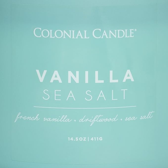 Colonial Candle Vanilla Sea Salt Scented Candle, Pop of Color Collection, 3 Wick, Blue, 14.5 oz - Up to 60 Hours Burn