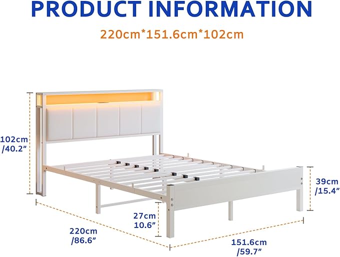 Queen Bed Frame with Headboard Storage,Upholstered Platform Bed Frame Queen Size with Charging Station and LED Lights No Box Spring Needed,Heavy Duty Steel Slats,Noise Free,White