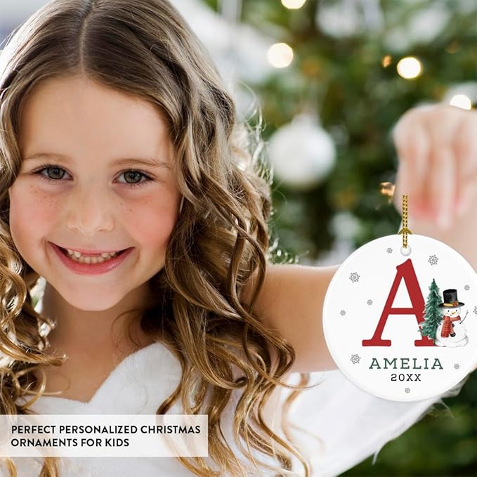 Andaz Press Personalized Christmas Ornament, Custom Name Initial A Monogram Snowman 2.8" Ceramic Porcelain 2025 Christmas Ornament For Kids Boys Girls 1-Pack Initial Ornaments Name Ornaments Christmas