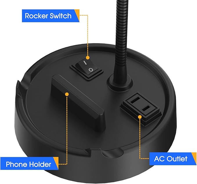 Energetic LED Desk Lamp with Phone Holder, Table Lamp with AC Outlet, Adjustable Flexible Gooseneck, 4000K, Eye-Care Reading Light for Bedroom, Study, Computer Desk, Living Room, Home Office, Black