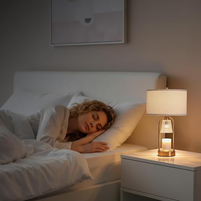 Plug in Gold Candle Warmer Lamp with Timer Dimmable, Wax Melts Candle Warmer with Beige Fabric Shade Lamp, Gold Table Lamp for Bedroom,Mothers, Gifts,Scented Jar, Include 3 Bulb