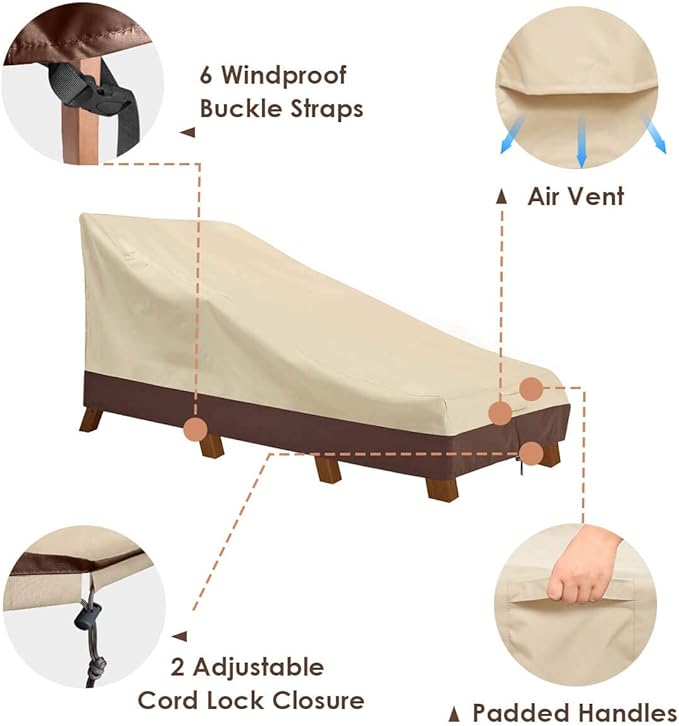 Vailge Waterproof Patio Chaise Lounge Cover, 600D Heavy Duty Outdoor Lounge Chair Covers,UV Resistant Patio Furniture Covers, Large, Beige & Brown