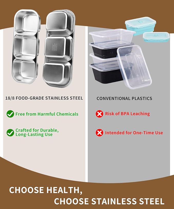 4 Pack Bento Box,Stainless Steel Snack Containers With Lids,Leak Proof Metal Lunch Box with 3 Compartments,Reusable Lunch Meal Prep Containers for office,Work,Travel For Adults Little One