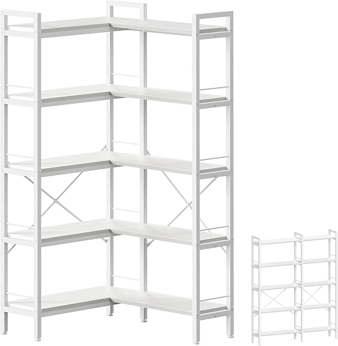 Huuger 5 Tier Bookshelf, L Shaped Corner Bookshelf with 10 Open Shelves, 49.4 Inch Straight Wide Bookcase with Metal Frame and Wooden Board, Adjustable Feet, White