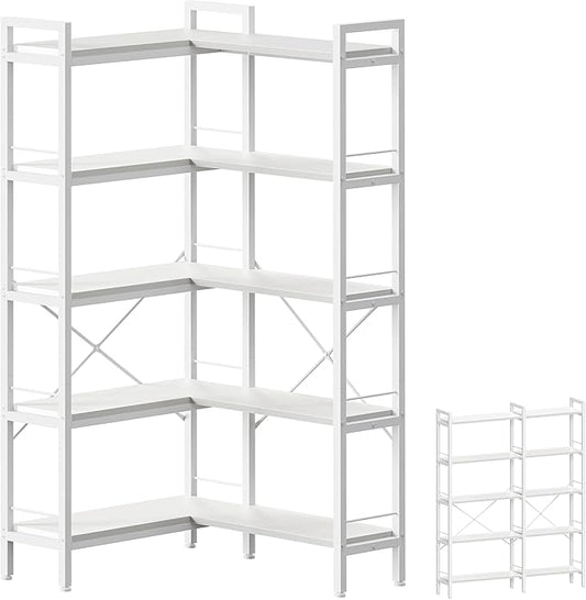 Huuger 5 Tier Bookshelf, L Shaped Corner Bookshelf with 10 Open Shelves, 49.4 Inch Straight Wide Bookcase with Metal Frame and Wooden Board, Adjustable Feet, White