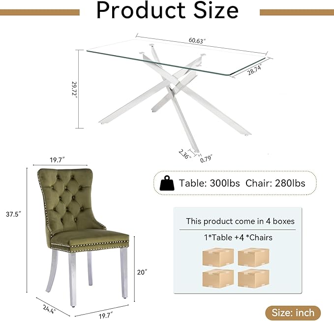 Goujxcy Glass Dining Table Set for 4, Modern Kitchen Table and Chairs Set of 4, 5-Piece Kitchen Dining Room Table Set w/61 Glass Silver Dining Table and 4 Green Velvet Upholstered Chairs