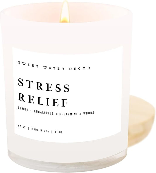 Sweet Water Decor Candles | Spa Scented Soy Wax Candle for Home | 11oz Jar Candle with Wood Lid, 50+ Hour Burn Time, Made in The USA (Stress Relief, White - 11 oz)