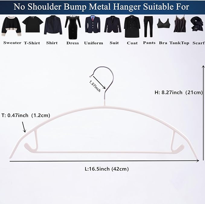 16.5 Inch Ivory No Shoulder Bumps No Mark Non-Slip Rubber Coated Contour Meta Hanger for Sweater T-Shirt Suit Coat Uniform with Pants Bar Pack of 10
