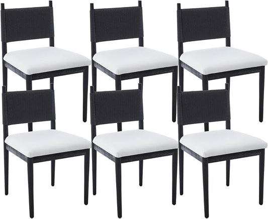 CIMOTA Black Dining Chairs Set of 6, Mid Century Modern Upholstered Dining Room Chairs with Woven Back, Armless Kitchen Chairs with Solid Wood Legs,Linen Beige
