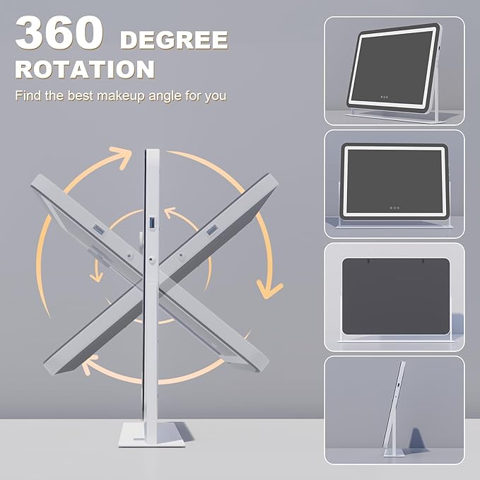 Hasipu Vanity Mirror with Lights, 30" x 21" LED Makeup Mirror, Light up Mirror with 10X Magnification and Phone Holder, USB Charging Port, Smart Touch 3 Colors Dimmable, 360° Rotation (White)