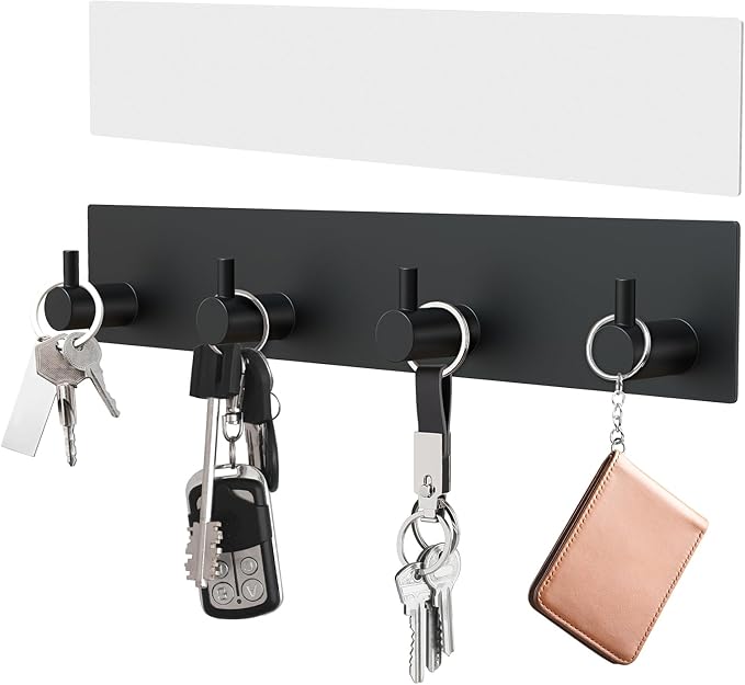 VIS'V Key Holder Wall Mount, Large Metal Self Adhesive Key Hanger with 4 Hooks, No Drilling, Extra Adhesive Strip, Black