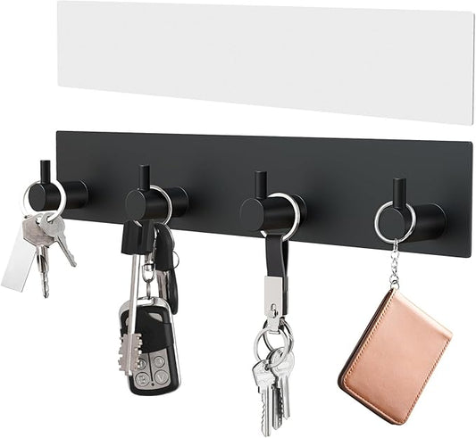 VIS'V Key Holder Wall Mount, Large Metal Self Adhesive Key Hanger with 4 Hooks, No Drilling, Extra Adhesive Strip, Black