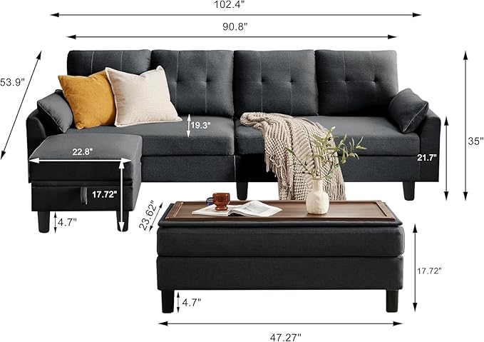 102" L-Shape Sofa Couch, Couch with Ottoman Coffee Table, 4 Seat Modern Sofa with Removable Cover for Apartment and Living Room, Dark Grey