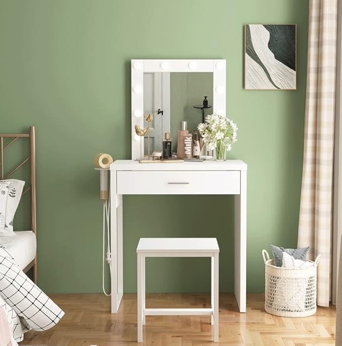 Makeup Vanity Desk with Mirror and Lights, Small Vanity Table and Chair Set,White Makeup Table with 10 LED Lights,Dressing Table for Bedroom,27.6in(L)