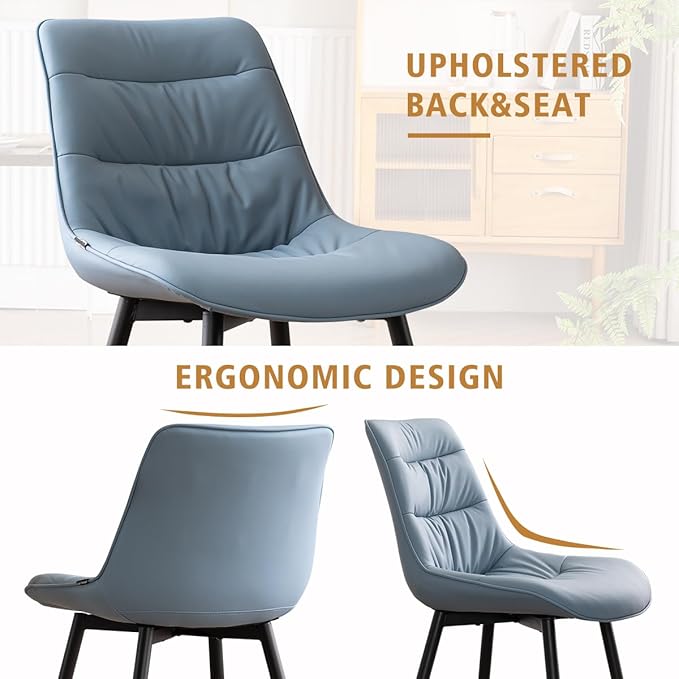 Kidol & Shellder Dining Chairs Set of 2, Modern Upholstered Faux Leather Kitchen Side Chairs with Comfortable Back - Mid-Century Armless Chair for Dining Living Room Bedrooms, with Metal Legs (Blue)