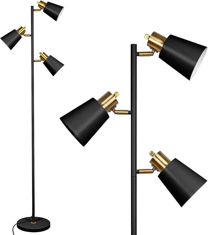 Tree Floor Lamp for Living Room, Industrial 3-Light Standing Lamp with 3 LED Bulbs, Adjustable Rotation Heads, Standing Tall Pole Lamp Farmhouse Rustic Reading Lamps for Bedroom Office (Black Gold)