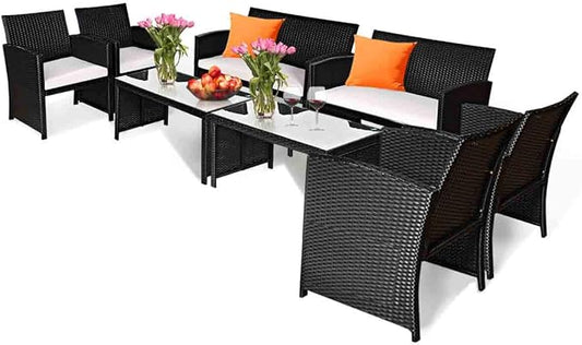 Tangkula Patio Wicker Conversation Furniture Set, Patiojoy Sofa & Table Set w/4 Seats, Outdoor Rattan Sofa Set for Balcony Backyard, Wicker Chair Set with Tempered Glass Coffee Table (2, White)