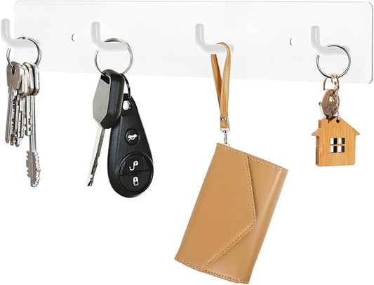 RELBRO Key Holder Wall Mount, Large Metal Self Adhesive Key Rack with 4 Hooks, 2 Installation Options, White