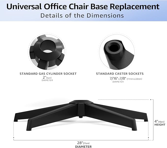 MASTERY MART 28 Inch Office Chair Base, Heavy Duty 2400 Lbs, Reinforced Metal Desk Chair Replacement, Universal Gas Cylinder Hole Caster Socket, Matte Black