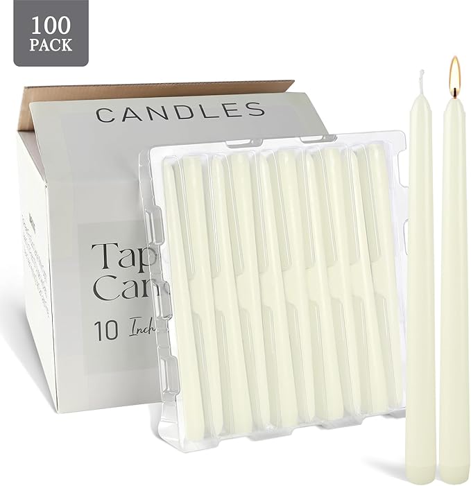 100Pack Ivory Taper Candles, 7-8 Hours Burn Time, Unscented, Smokeless and Dripless, 0.75 x 10 Inch Dinner Candle Set for Household, Wedding, Party and Home Décor Candlesticks
