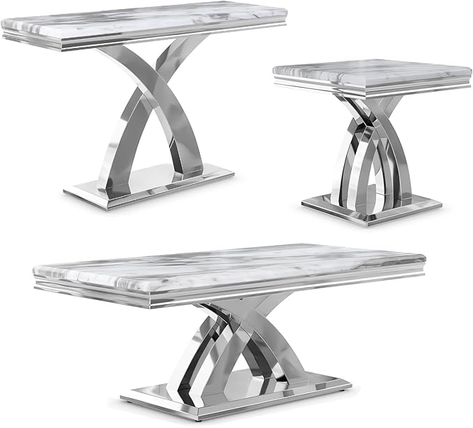 AUZ 3 Pieces Silver Living Room Table Set Modern Coffee Table Set with X-Shape Design Polished Stainless Steel Frame
