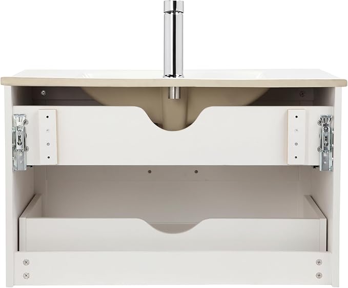 Goujxcy 31.5" Wall Mounted Bathroom Vanity with Sink, Modern Floating Bathroom Cabinet with Ceramic Sink & Double Drawers, Wood Hanging Bath Room Cabinet with Soft-Close System (White)