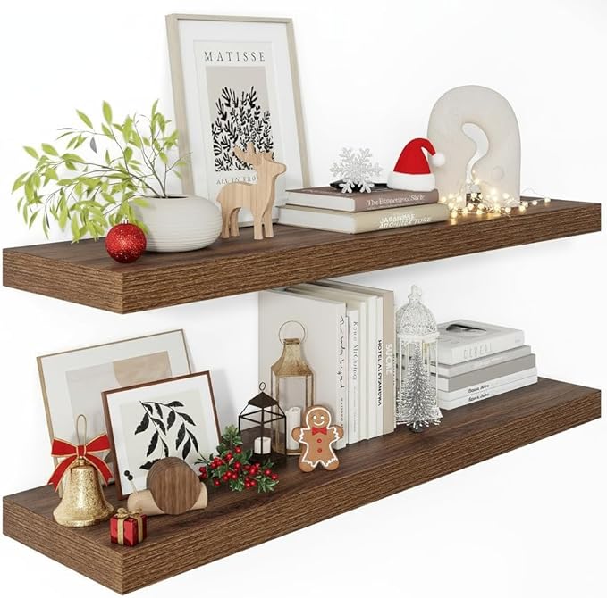 Vivelove Farmhouse Floating Shelves for Wall 12 Inch Deep, 36" X 12" X 2" Floating Shelf, 2 Inch Thick Shelf for Living Room Bathroom Bedroom Kitchen, Rustic Farmhouse Decor Set of 2, Walnut