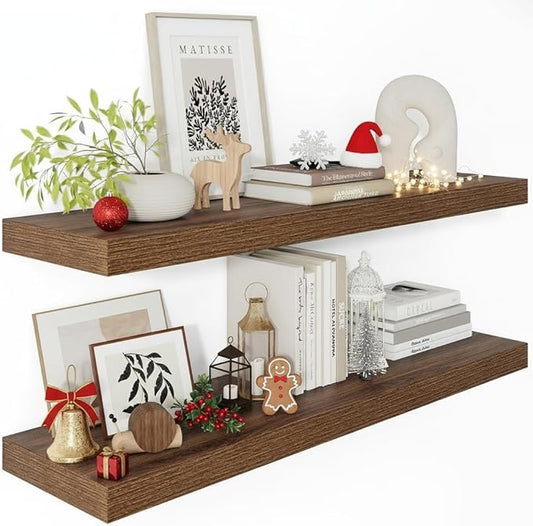 Vivelove Farmhouse Floating Shelves for Wall 12 Inch Deep, 36" X 12" X 2" Floating Shelf, 2 Inch Thick Shelf for Living Room Bathroom Bedroom Kitchen, Rustic Farmhouse Decor Set of 2, Walnut